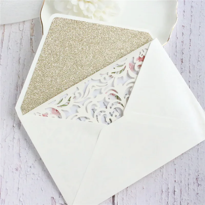 Слоновая кость лазерная резка свадебные приглашения Золотой блестящий конверт
