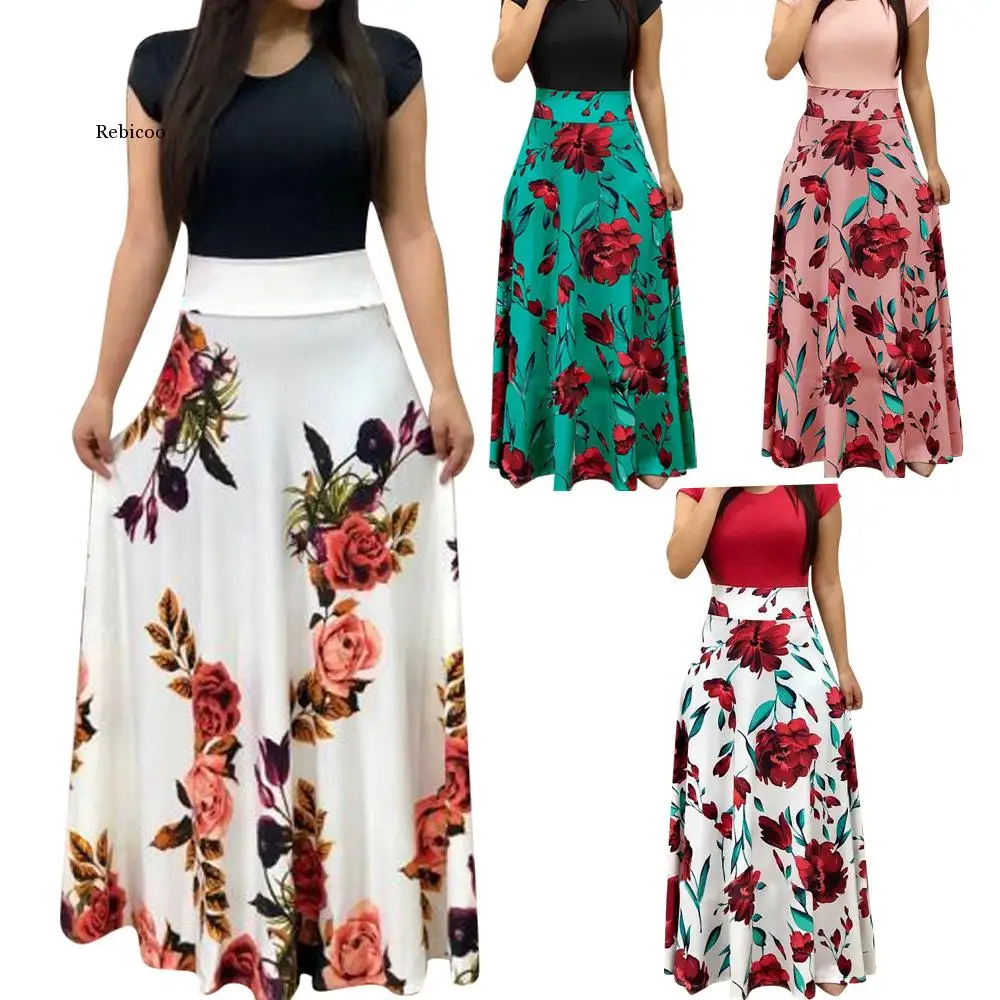 

Women Dress Short Sleeves o Neck Patchwork Women Dresses Floral Printed Draped Vestidos Female Long Maxi Dress Casual Robe
