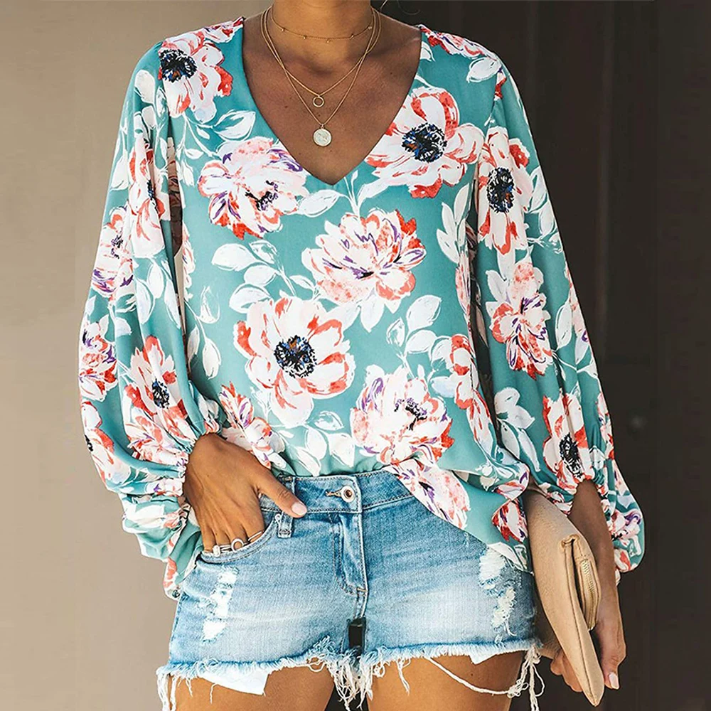 European and American women's 2019 new autumn long-sleeved printed women's shirt casual deep V-neck loose tops and blouses
