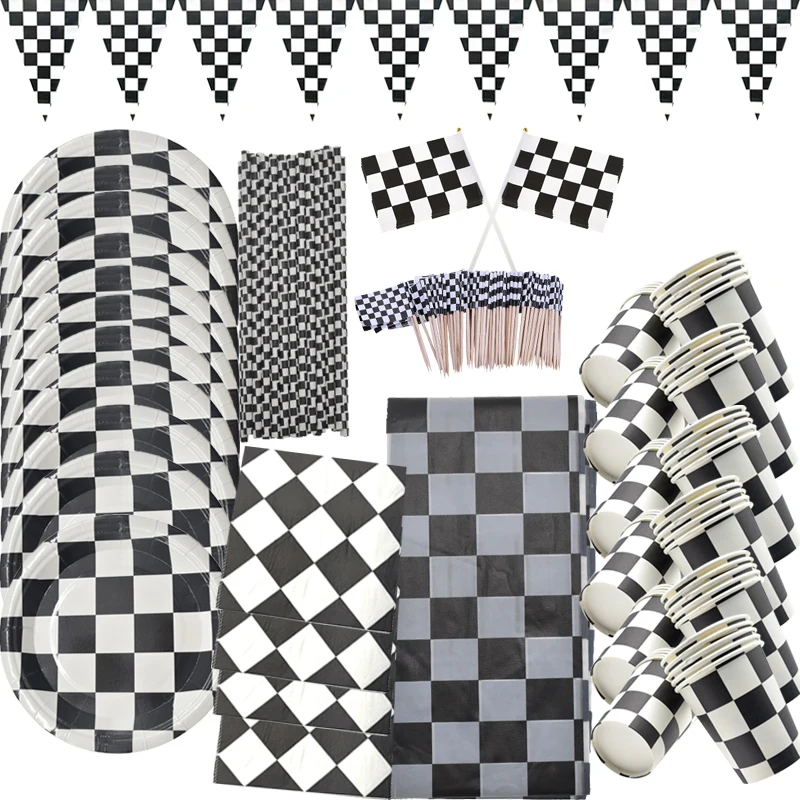Black White F1 Racing Car disposable birthday party tableware paper plates Servies Chess baby shower decorations kids boy favors