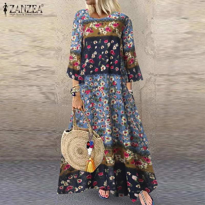 Floral Blue ZANZEA/осень 3/4, длинное платье с рукавом в горошек, винтажное женское хлопковое льняное платье, Женский кафтан, Vestido Femme, сарафан - Цвет: Floral Blue