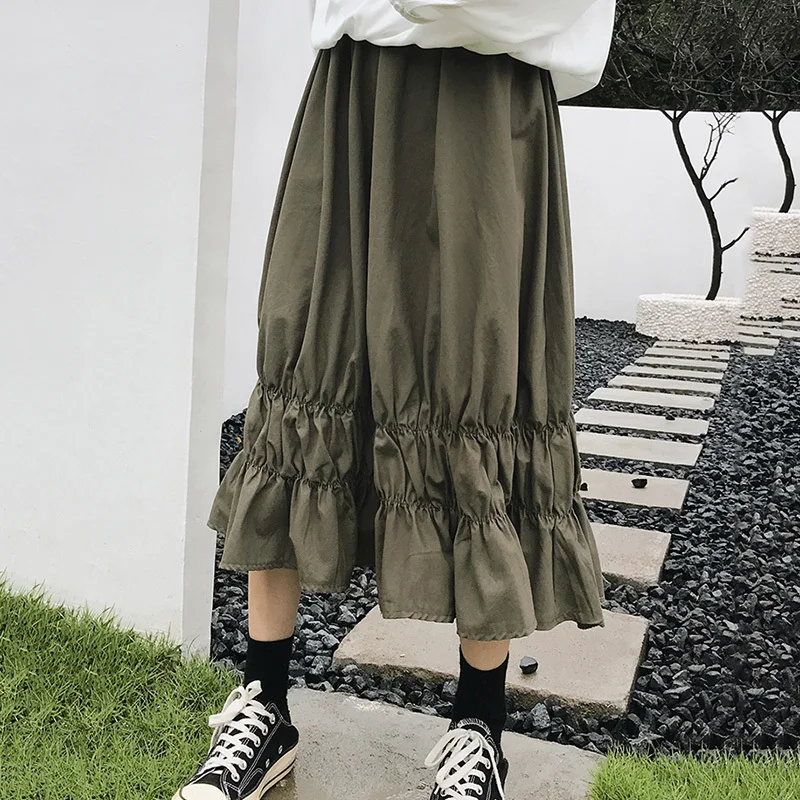 LANMREM зеленый эластичные Высокая Талия платье с рюшами свободные плюс женская