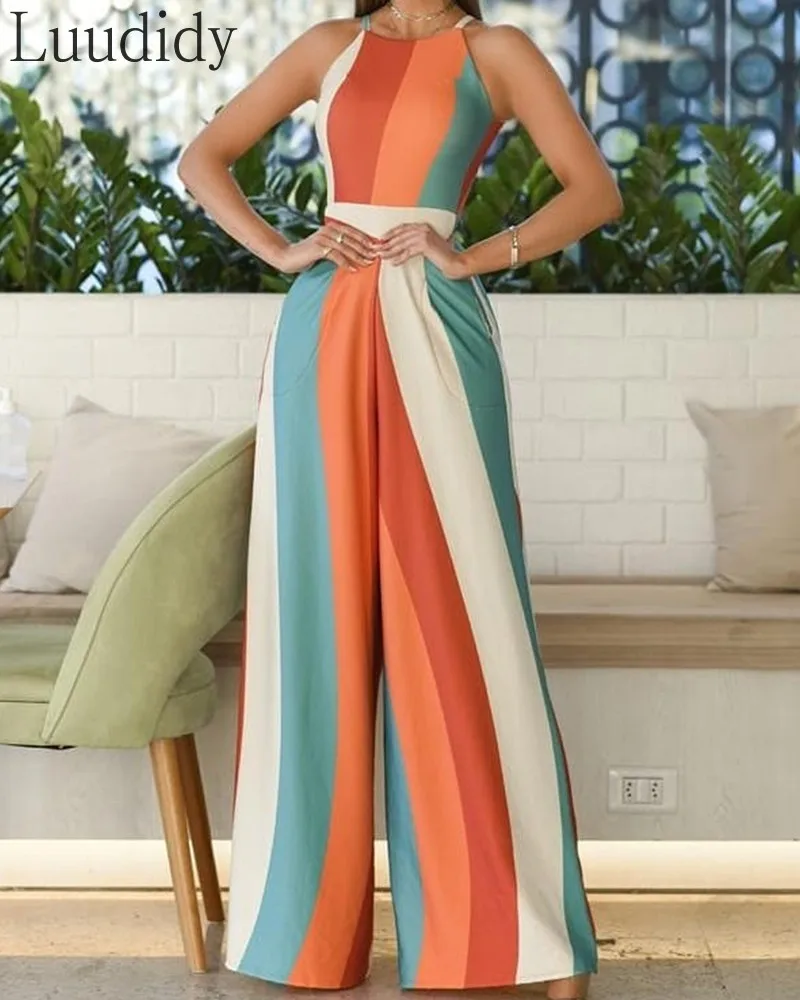 

Женский элегантный комбинезон без рукавов с высокой талией и широкими штанинами