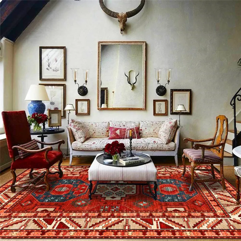 

Retro Fashion European-Style Rug Elegant National Wind Geometric Multi-Color Carpet Living Room Bedroom Bed Blanket Mat