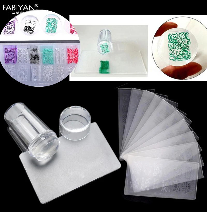 

Set Nail Art Cap Scraper Polish Image Print Plate Template Plastic Transfer With Stamper Stamping Silicone Manicure Tools Kit