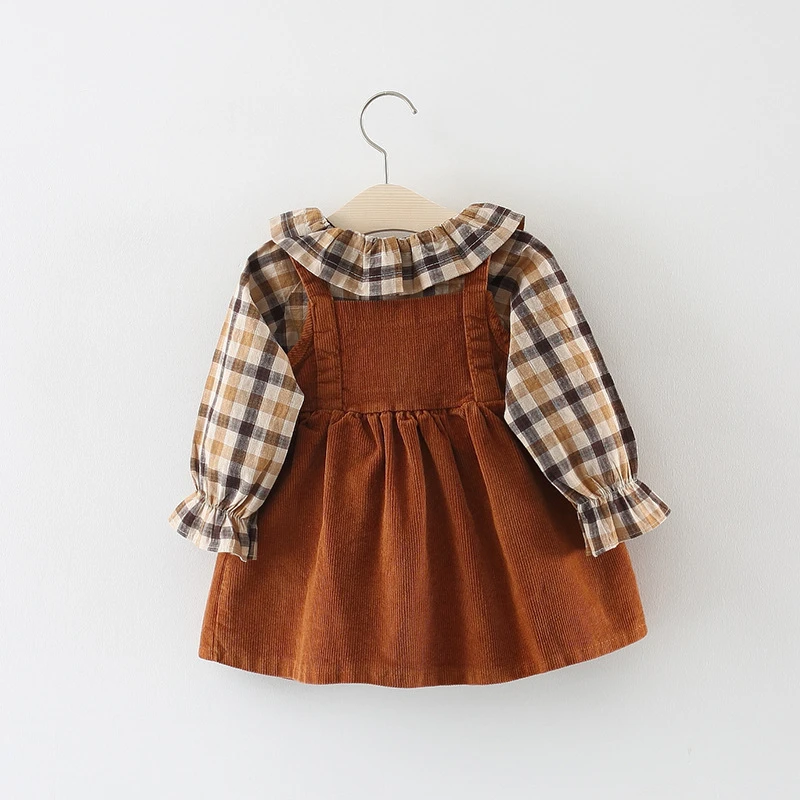 Explosion Europe America Baby girls Corduroy Strap Skirt Plaid Shirt Set spring autumn bow princess cute dress suit 2pcs | Детская