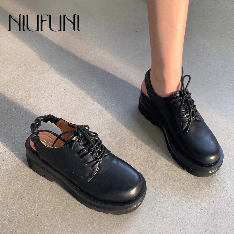 

Platform Loafers Women's Wedge Sandals British Leather Shoes Elastic Band Back Hollow Student Slides Black Lace-Up Comfortable