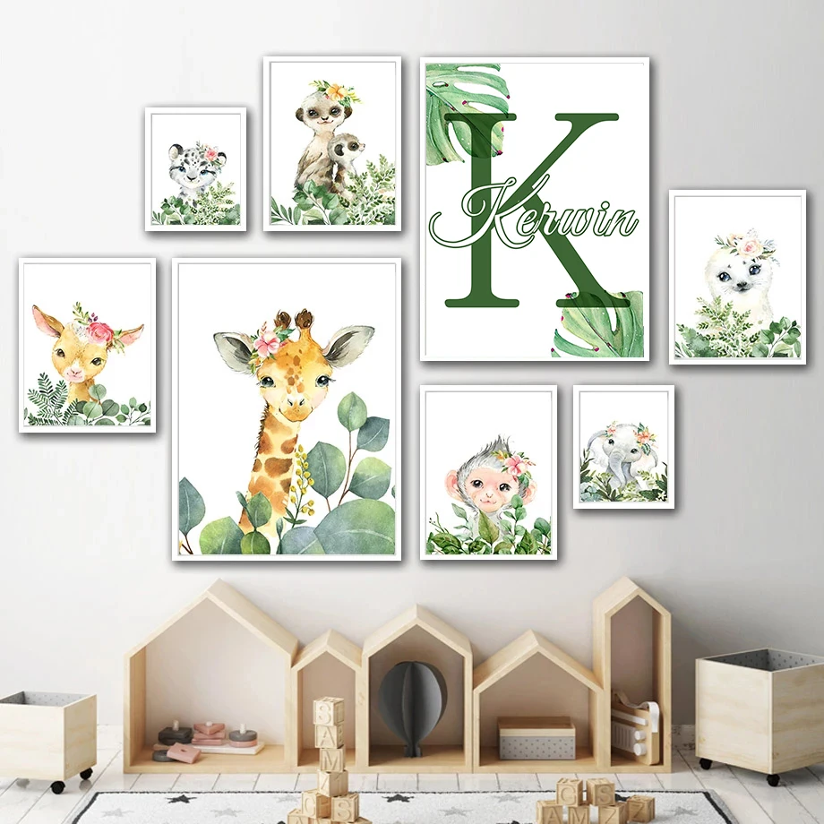 

Personalized Baby Name Wall Art Customized Poster Print Eucalyptus Animals Canvas Painting Gift For Child Bedroom Wall Pictures