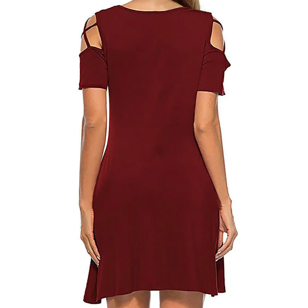 

Summer Womens Cross Short Sleeve Off Shoulder O-Neck Solid T-Shirt Mini Dress