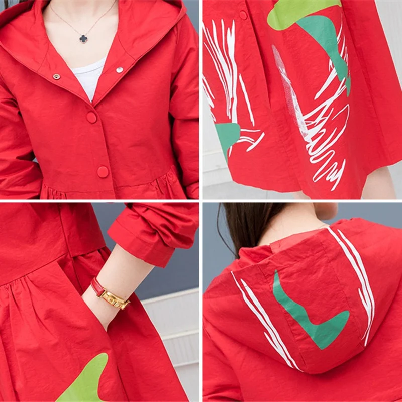 

New Women Trench coat Fashion Spring Autumn Casual Long Windbreaker coats Outerwear Black Womens Loose Printing Hooded Overcoats