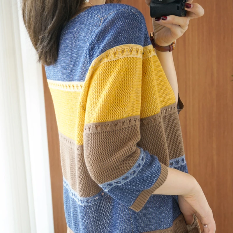 

Three Quarter Striped Contrast Color Summer Knitted Sweater Women Hollow Out Womens Pullovers Korean Woman Clothes Pull Femme