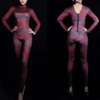 long sleeve wine red shining women jumpsuits tight stretch backless bodysuits nightclub singer dancer performance stage wear