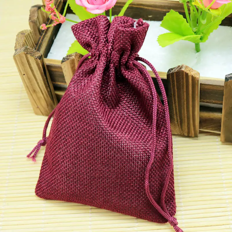 Dark Red 10*14 см 50 шт./лот простой коричневый льняной джутовый мешок браслет из шнурка Ювелирная посылка маленькая Подарочная сумка свадебный подарок упаковочные сумки - Цвет: Dark Red