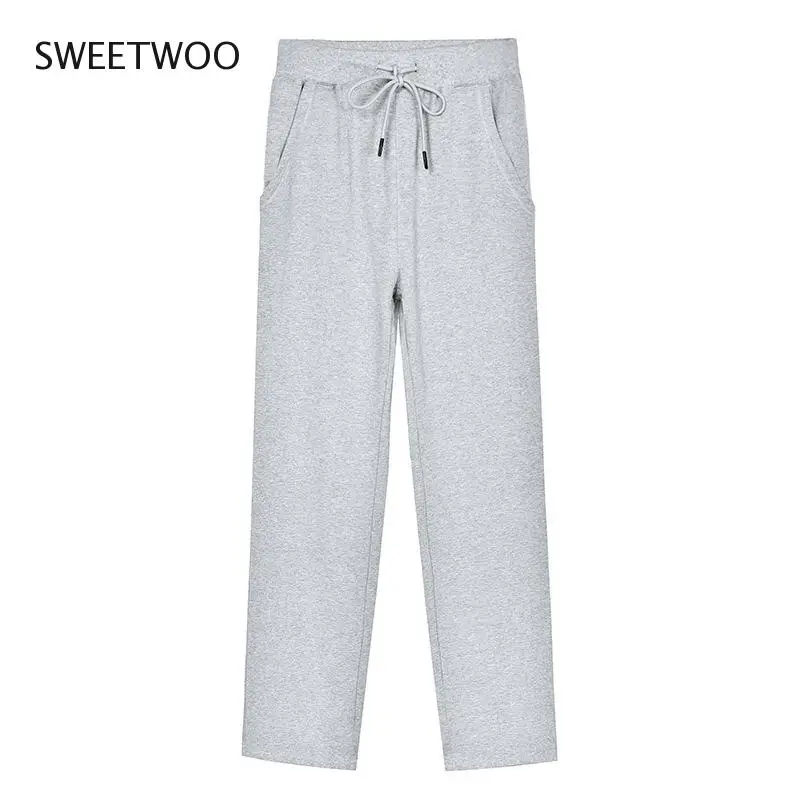 Sports Casual Pants Autumn Women Running Loose Straight Trousers High Waist Solid Color Wide-Leg Cotton Pants