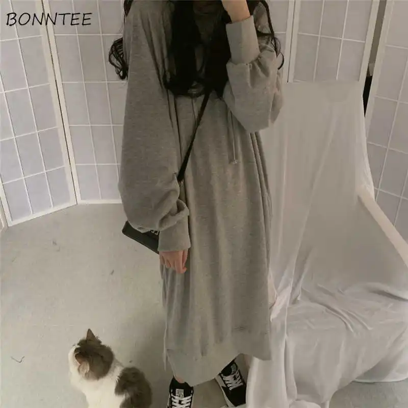 

Women Dresses Batwing Sleeve Drawstring Hooded Solid Side-split Korean Style Loose Elegant Ulzzang Casual Over Knees Fall Dress