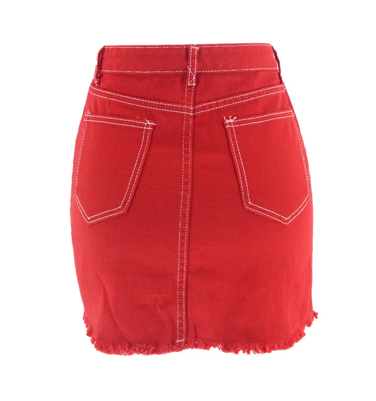

Asymmetrical Red Denim Skirts With Buttons Spring And Summer Red Skirts Short Denim Skirt Mini Denim Skirt