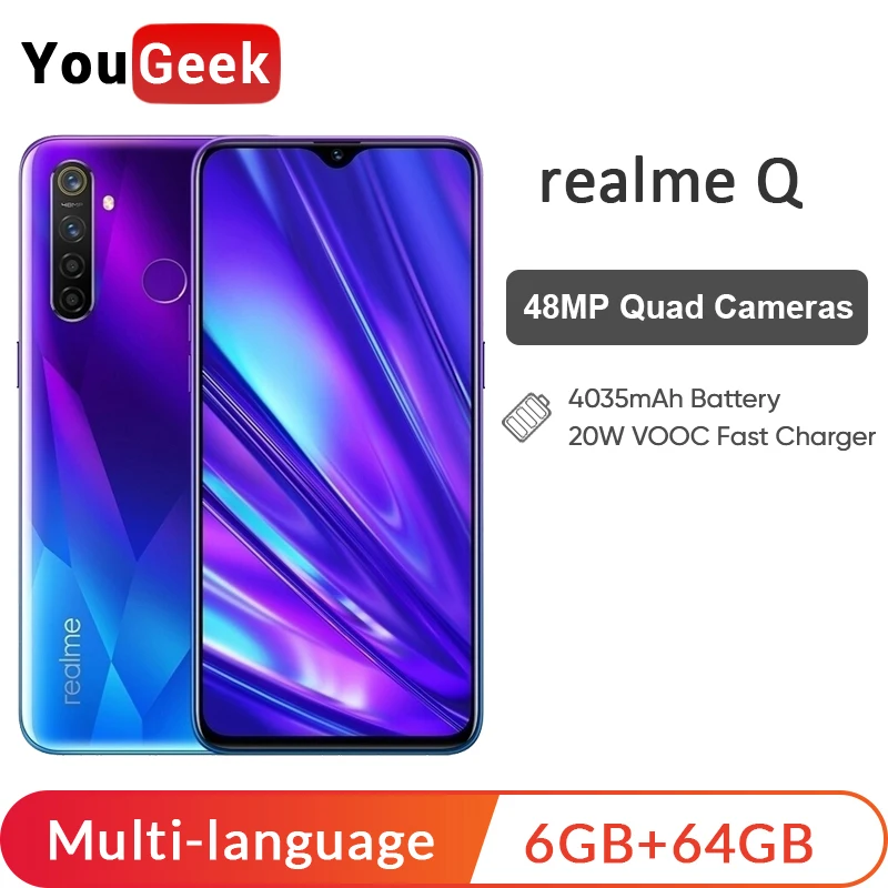 Realme Q 4 Гб 64 ПЗУ 6 3 ''мобильный телефон Snapdragon 712AIE Восьмиядерный 48MP