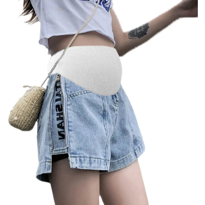 

6668# Side Zipper Letter Print Denim Maternity Hot Shorts Elastic Waist Belly Short Jeans Clothes for Pregnant Women Summer