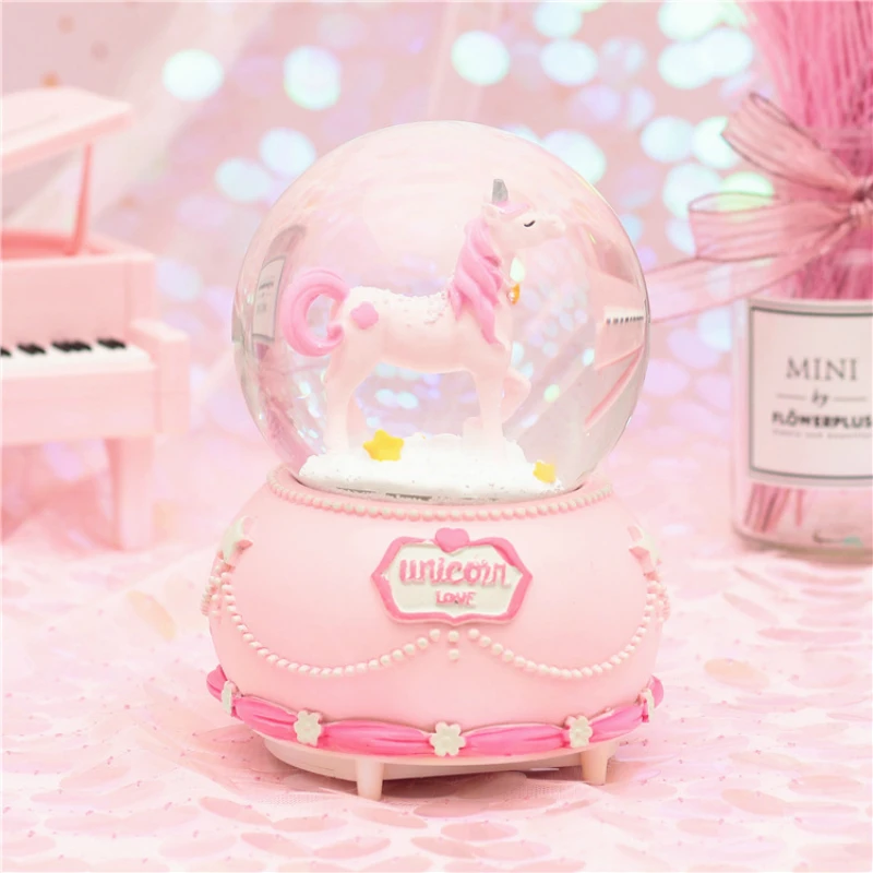 Стеклянный снежный шар с кристаллом единорога 10*15 8 см музыкальная шкатулка