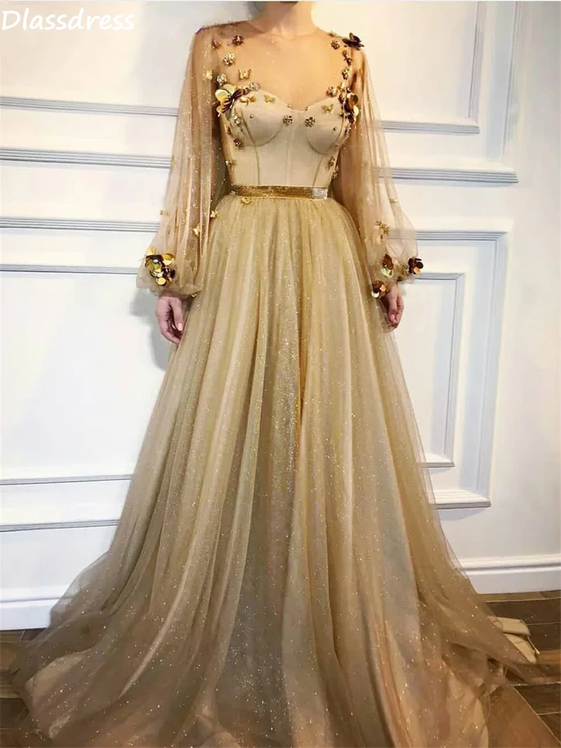 

Женское платье с длинным рукавом, золотистое платье для выпускного вечера из тюля с блестками и цветами, ТРАПЕЦИЕВИДНОЕ вечернее платье со шлейфом, 2020