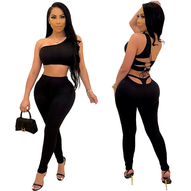 

Women Tracksuits Solid Color Lace up Sexy Drawstring Vest Backless Sets Outfits