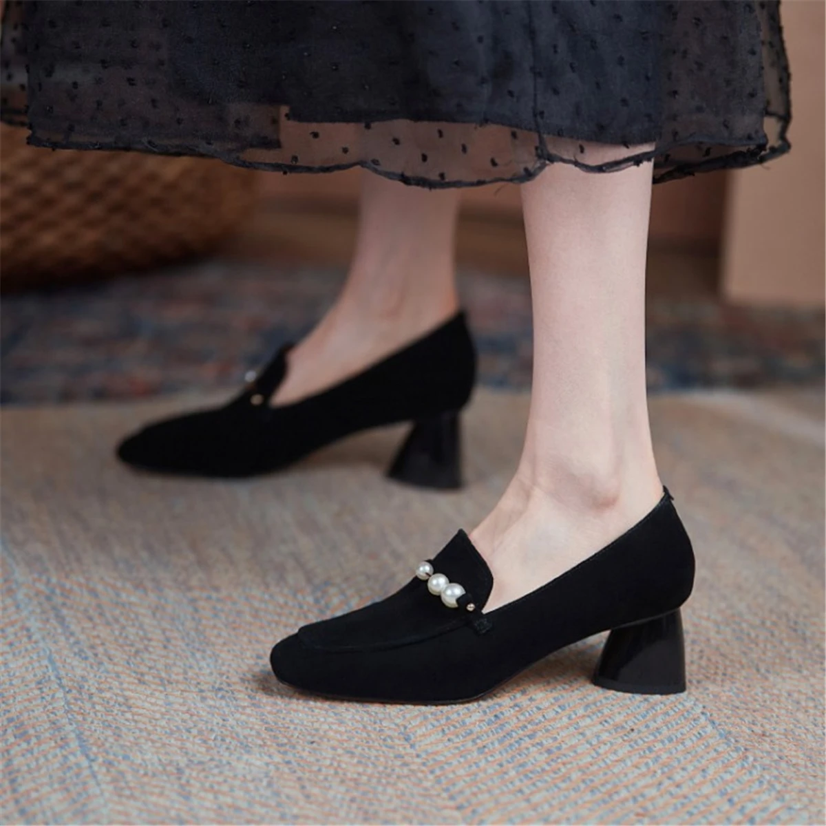 

kmeioo classic office shoes for women sheepskin square toe chunky heels shallow pearl pumps block heel career shoe for female