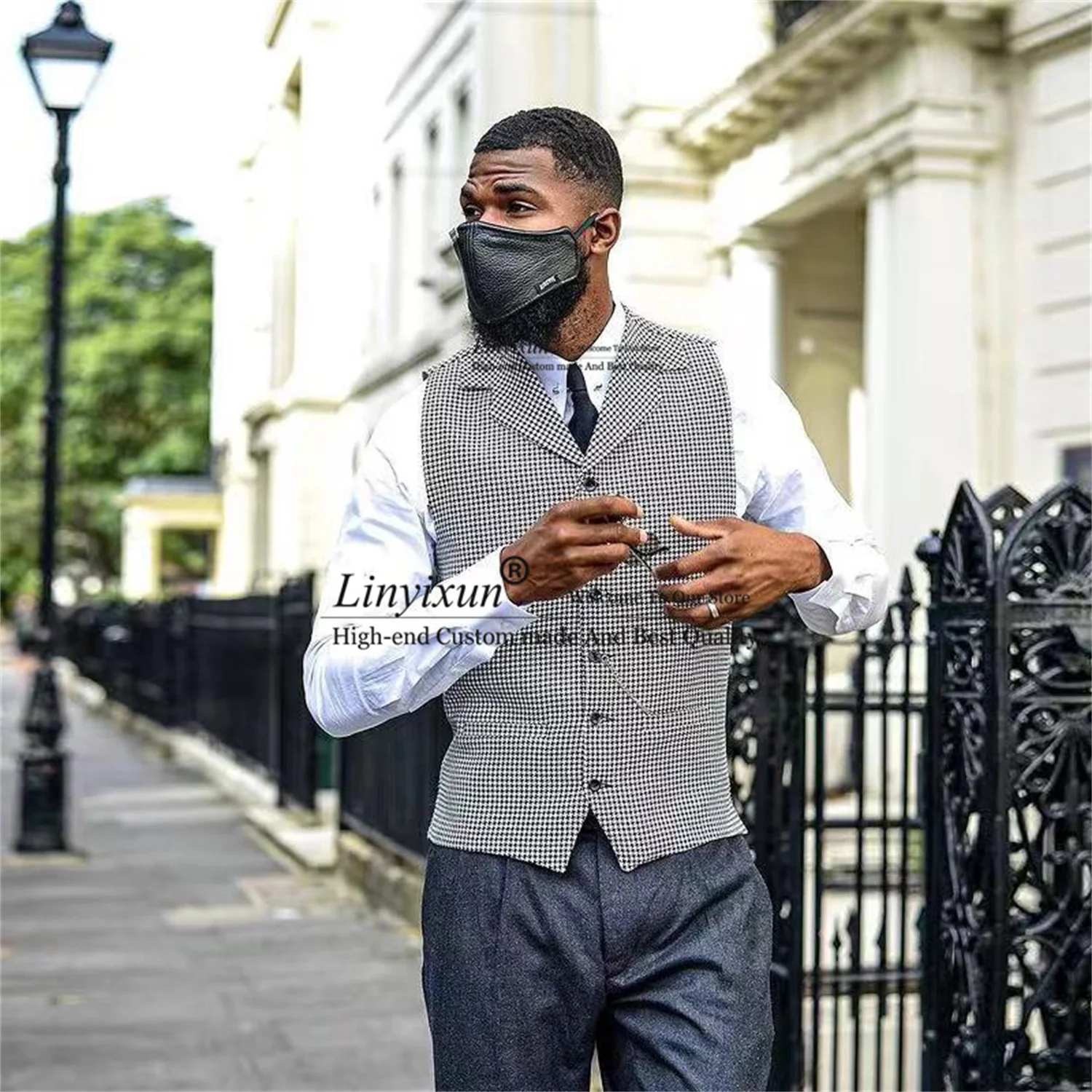 

Fashion Houndstooth Plaid Mens Wedding Vests Slim Fit Groom chaleco hombre Male British Style Waistcoat Business жилетка мужская