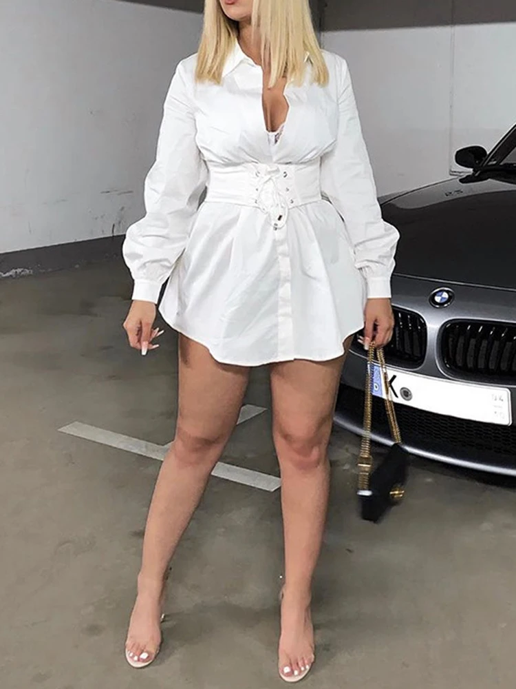 JillPeri Autumn Long Sleeve Shirt Dress with Corset Belt Solid Sexy Elegant Outfit Office Lady Street Wear Party Dress Set