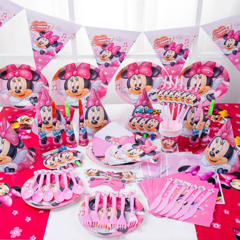 

Minnie Mouse Party Decoration Supplies Kids Birthday Favors Tablecloth Cup Plate Napkin Baby Shower Decorations Pink Red Gold