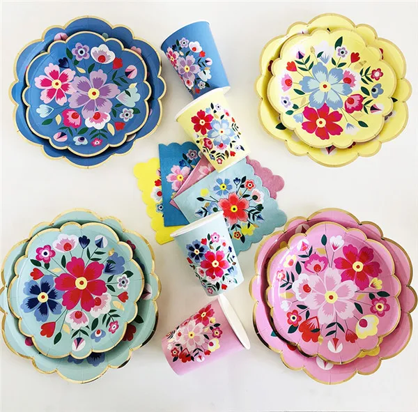 8 шт. вечерние Цветочные столовые приборы одноразовые бумажные тарелки и стаканы