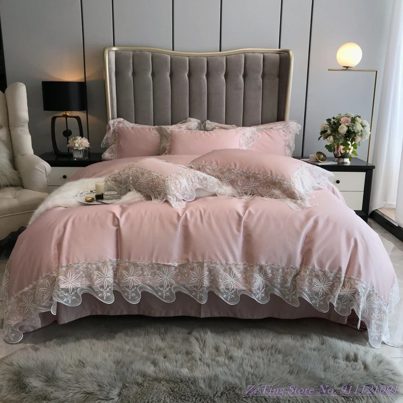 

4pcsBeddingSet Light luxury cotton 100Slong-staple cotton Romantic High Quality snowflake lace cotton 1.8m Bedspread Fitted Pink