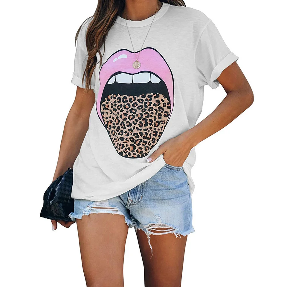 

INITIALDREAM 2021 Summer Tops Women Leopard Pink Lips Print Funny T-shirt Women O-Neck Casual Loose White t shirts