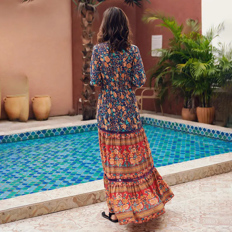 Богемное Пляжное Платье макси с цветочным принтом и поясом летнее женское платье