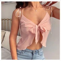 lace up bow spaghetti straps summer sexy pink crop top sweet girls slim camis top women low cut v neck camisole streetwear