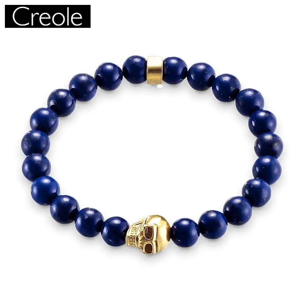

Natural Stone Lapis Lazuli Round Loose Beads Strand 8MM Skull 2017 Gold-color Uir Homme Bijoux Fashion Friendship Bracelets