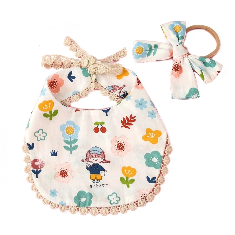 

634F 2 Pcs/Set Baby Feeding Drool Bib Floral Headband Set Lace-up Tassel Saliva Towel