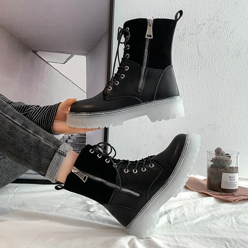 

Boots Platform Women Flock&pu Leather Shoes Female Lace-up Zip Knight Botines Transparent Soled Round Toe Motorcycle Bottes Hot