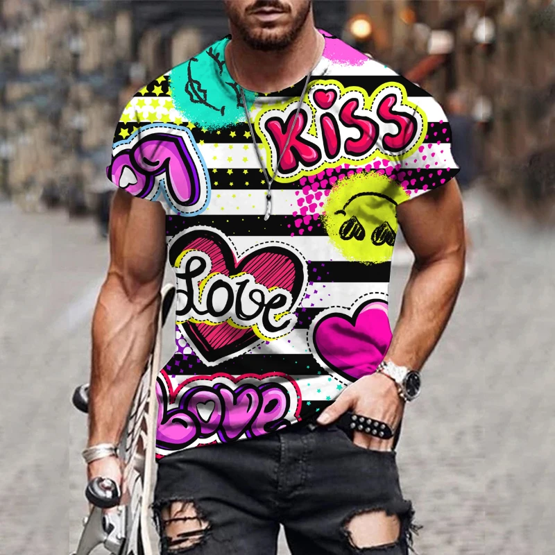 

New Design Trend Graffiti Printed T-shirt Letter Cartoon Geometric Stripe cClor Matching Short Sleeve Men's Round Neck Tops