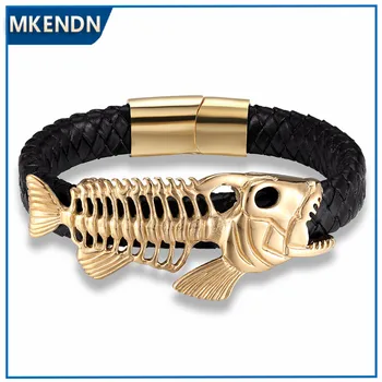 Punk Design 18k Plated Fish Bones Genuine Leather Bracelet 1