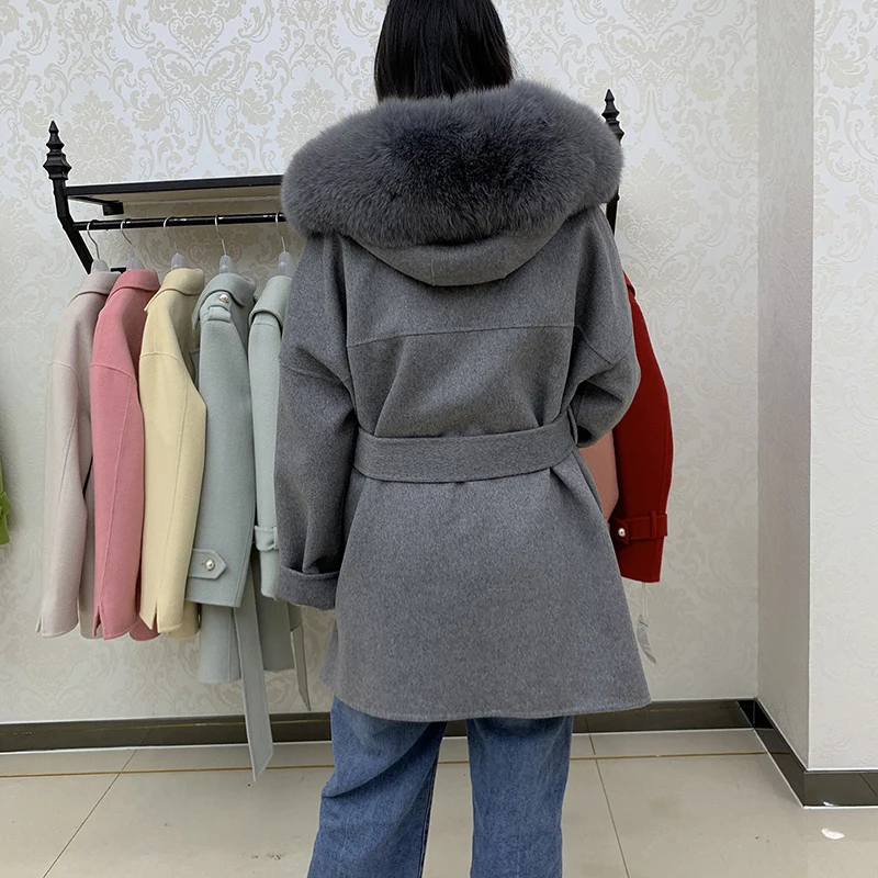 Женское пальто из натурального кашемира шерстяное с капюшоном Лисьего меха