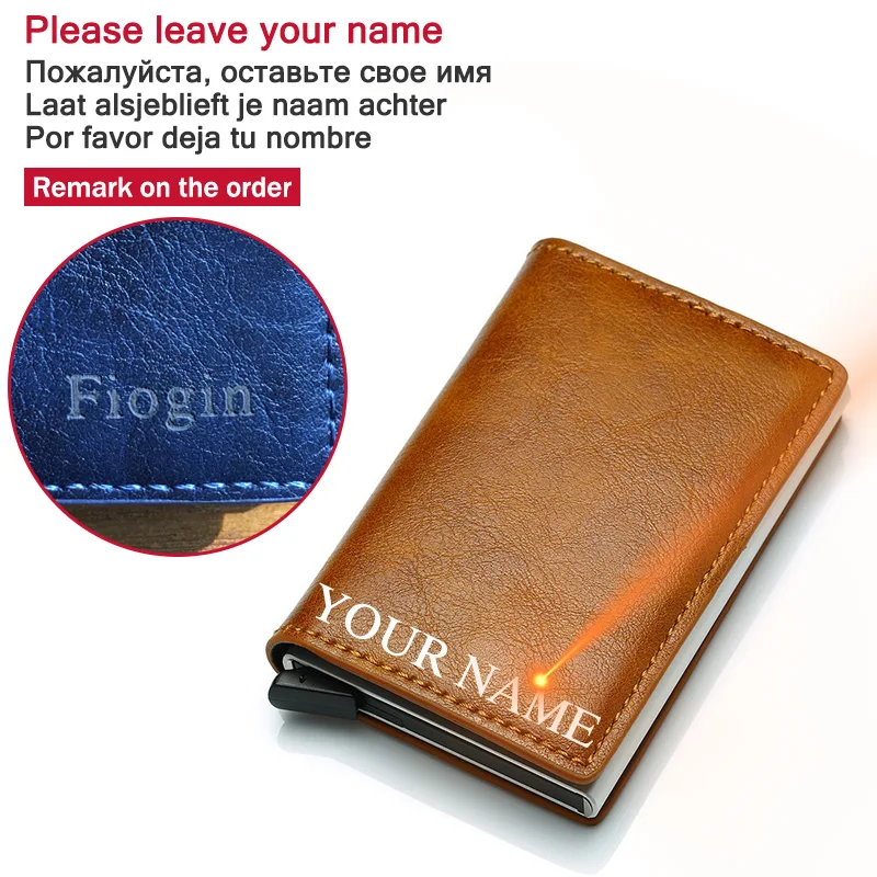 leave your name RFID Блокировка Мужской кредитный держатель для карт Противоугонный держатель для карт для мужчин Кошельки из искусственной кожи Автоматический чехол для карт Алюминиевый металлический кошелек - Цвет: leave your name