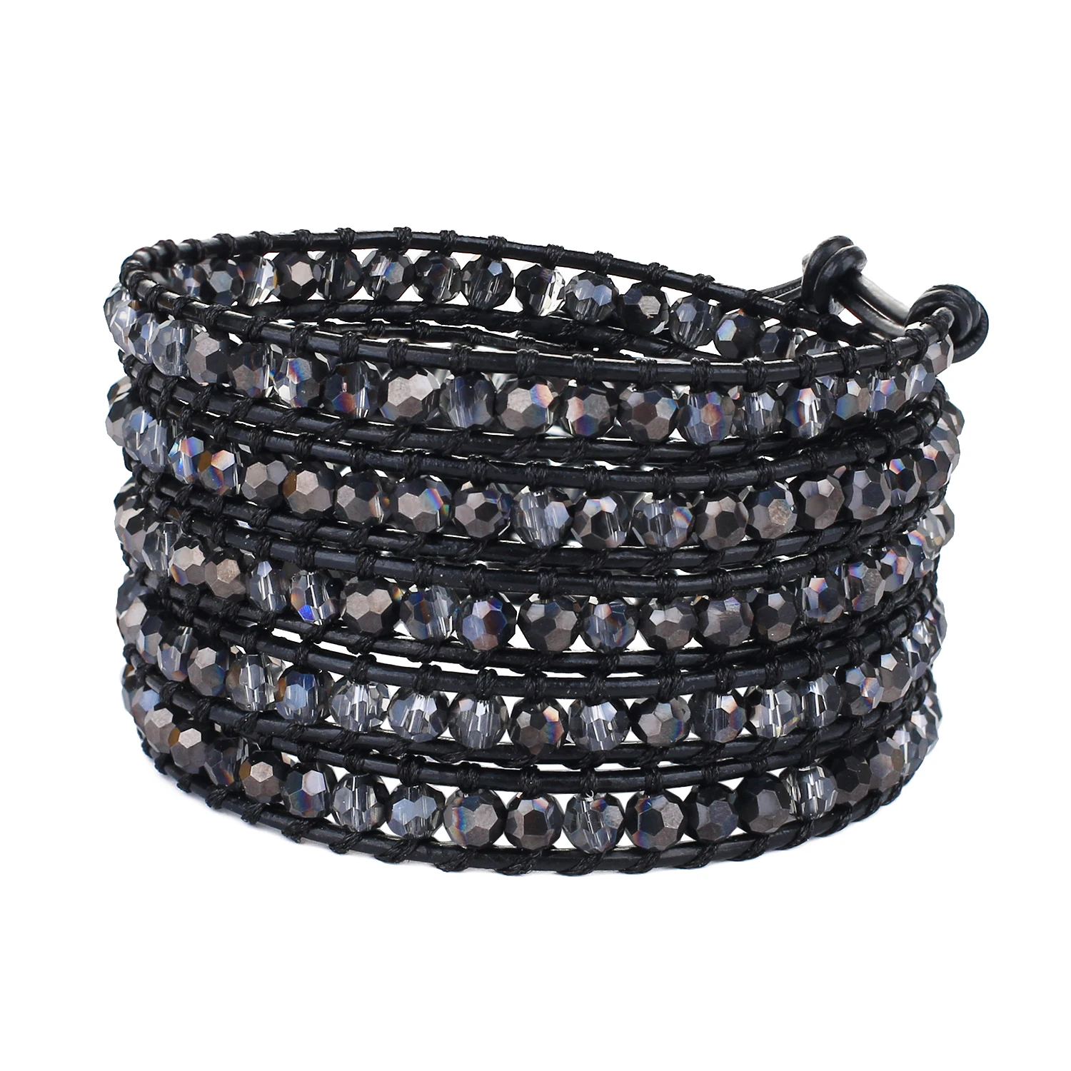 

KELITCH Black Crystal Beads Bracelets Handmade 5 Wrap Strand Leather Bracelet Bangles Jewelry For Women Men Charm