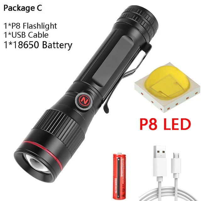 Package C P8 светодиодный фонарь из алюминиевого сплава USB Перезаряжаемый фонарь Водонепроницаемый 1x18650 переключатель режимов Ультраяркий фонарь один аккумулятор - Испускаемый цвет: Package C