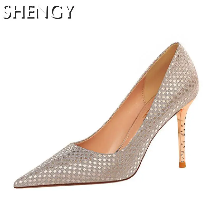 

Autumn New Women Shoes Pointed Toe Shallow Sequined Cloth Bling Metal Heels Females Pumps Shine Elegant Wedding Shoes Women