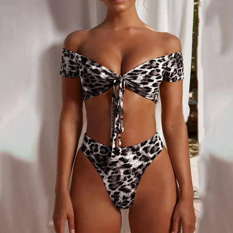 

Women's Two Pieces Leopard Print Knot Off-Shoulder High Cut Bandeau Bikini Bathing Suit