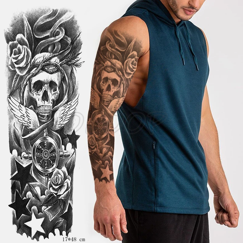 

Tattoo Sticker Temporary Full Arm skull wings star rudder branch rose black Waterproof hand Tatoo Flash Fake boy girl Tatto