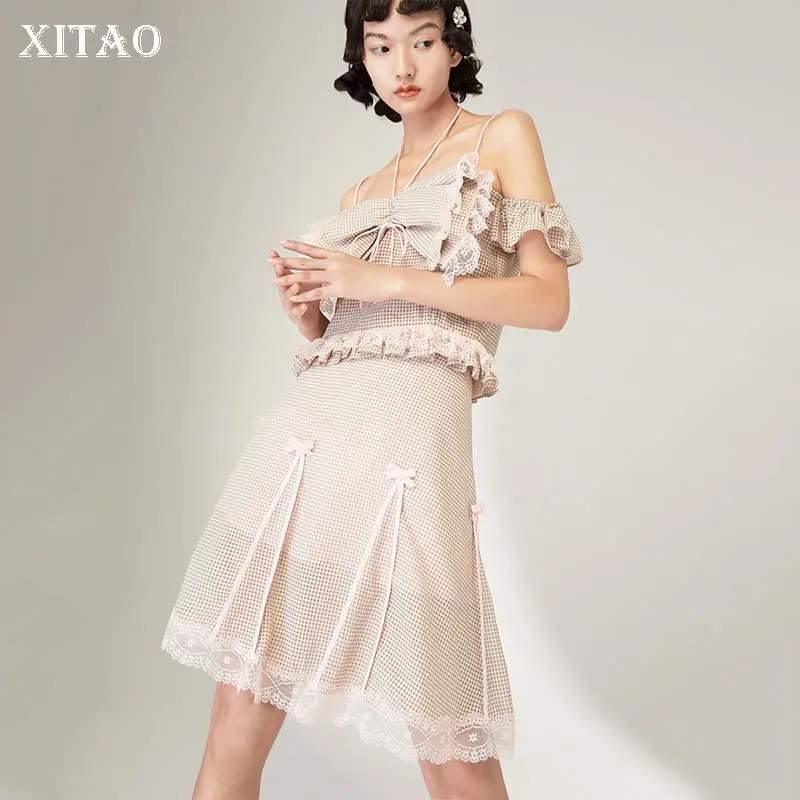 

XITAO, розовая клетчатая юбка, мини-юбка с кружевным бантом, комбинированная, сложная, трапециевидная, женская, лето 2021, новая, простая, темпера...