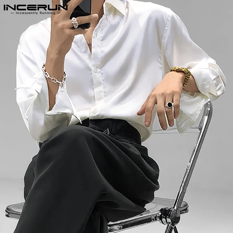 

Men Casual Shirt Lapel Long Sleeve Solid Color Loose Button Tops 2021 Korean Streetwear Fashion Camisa Masculina S-5XL INCERUN