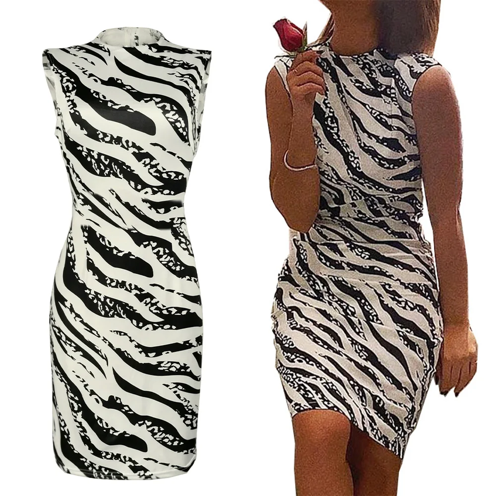 

Women Sleeveless Zebra Print Dress Crew Neck Ladies Tansk-dress Fashion Casual Party Mini Bodycon Dress
