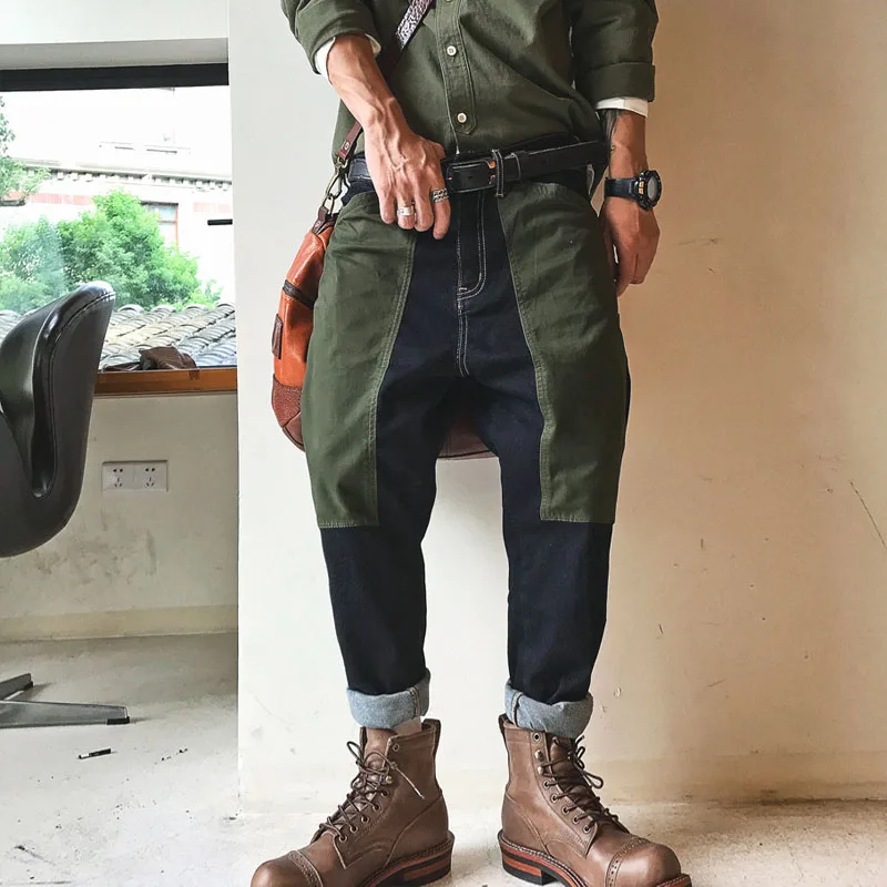 Джинсы шаровары мужские состаренные зеленые/черные длинные осень 2019|Мужские